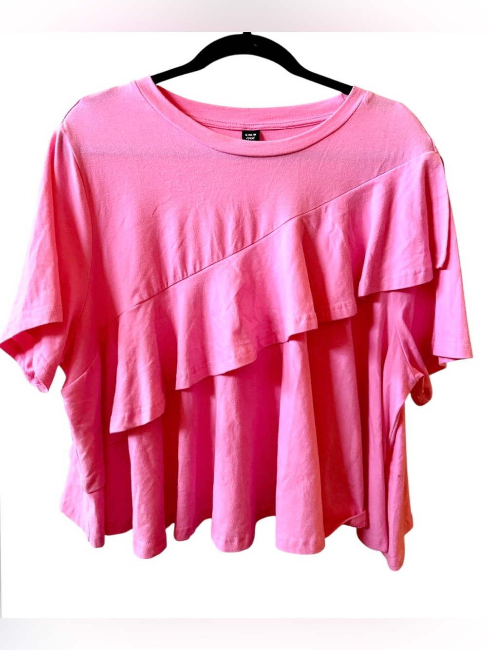 SHEIN Women’s Plus Pink Tier Ruffled Short Sleeve Blouse
